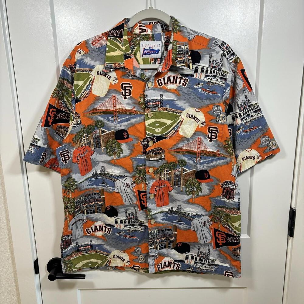 Men’s Reyn Spooner SF Giants MLB Hawaiian Shirt Size L Novelty Print Flaw